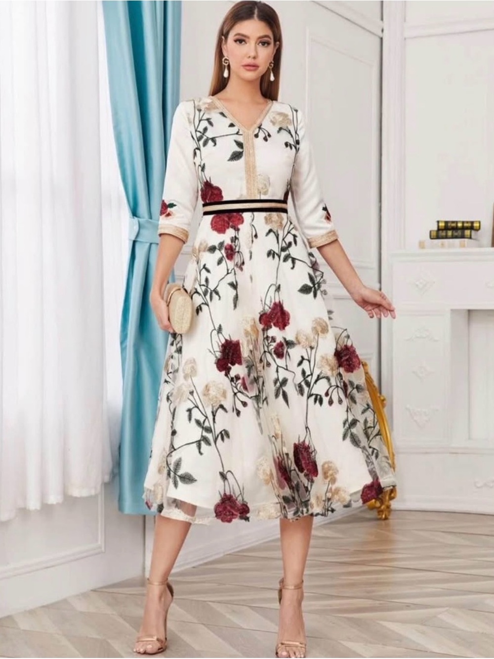 Elegant White Floral Midi Dress with Burgundy Accents